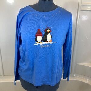 Blue Long Sleeve Shirt Sz XL womens cut Winter Penguins Brrr Glitter Accents